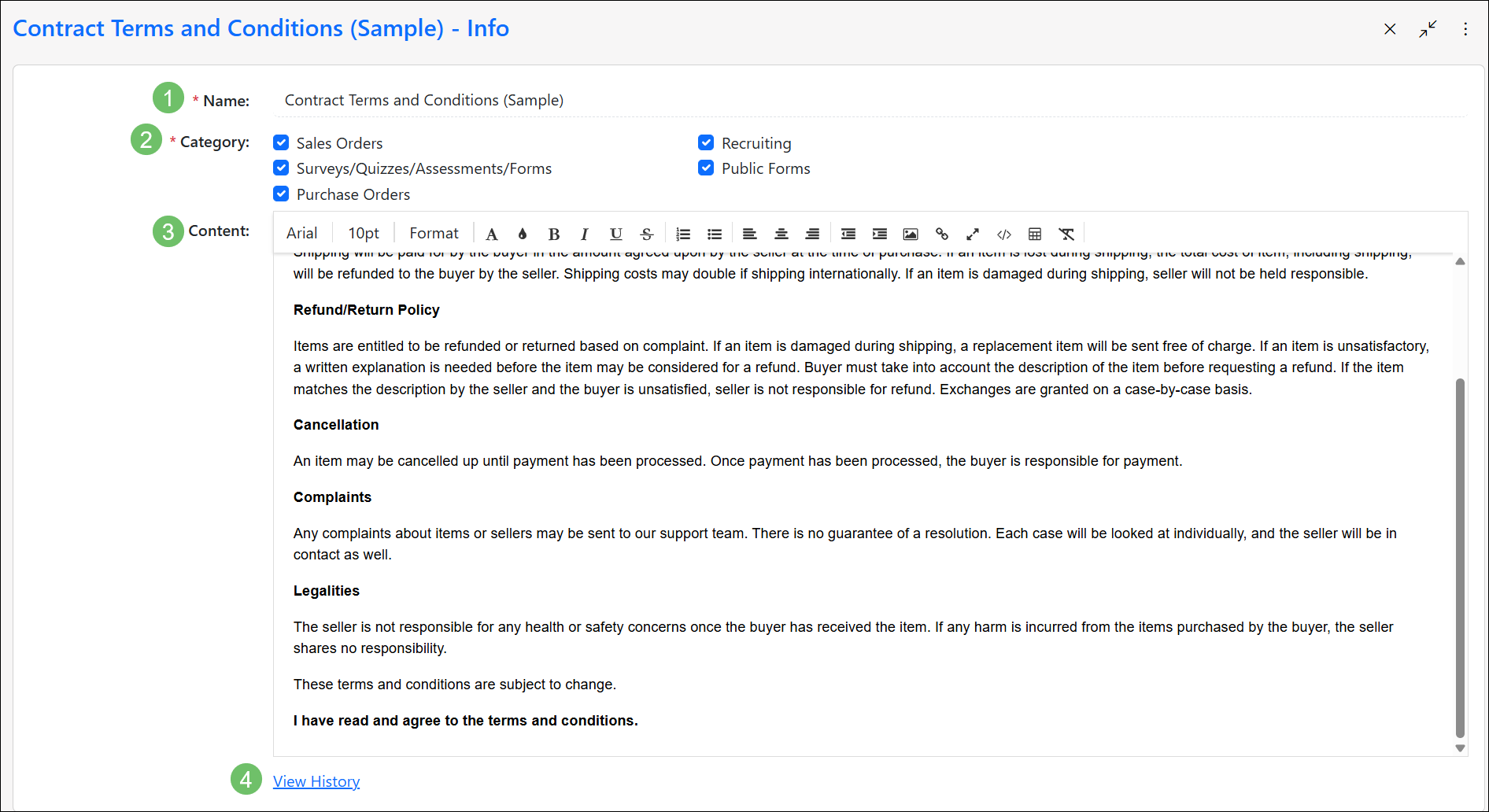 Numbered image of a Terms and Conditions within Striven