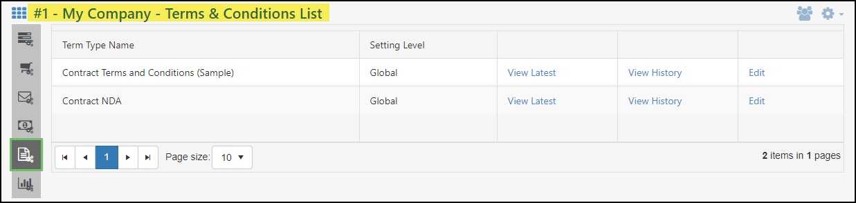 Example of the Terms and Conditions List for a customer in Striven