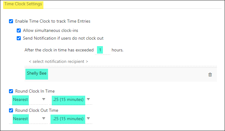Time Clock Settings including enable time clock, allow simultaneous clock ins, send notification if users do not clock out, round clock in time, & round clock out time