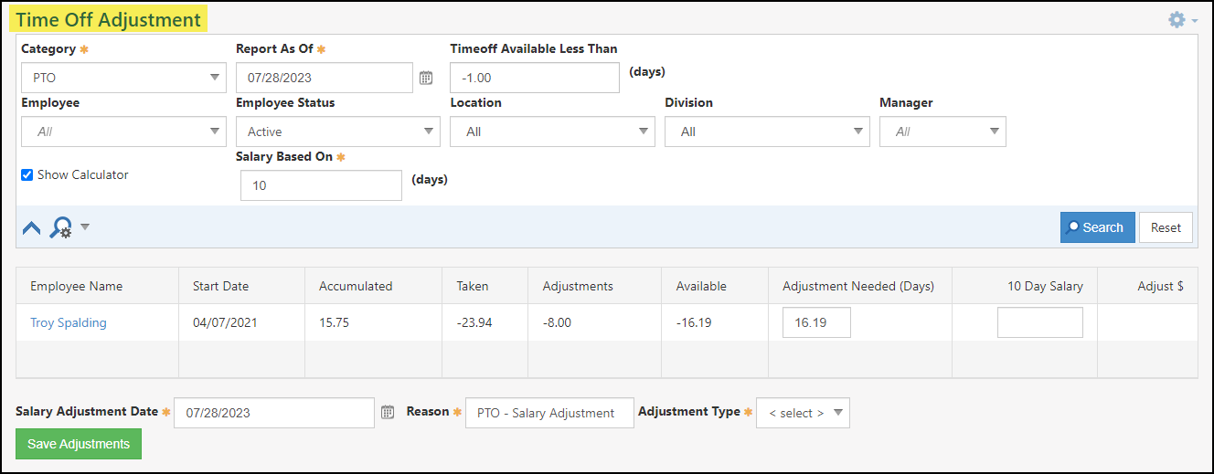 Time Off Adjustment Report with search filters for Category, Report As Of, Time Off Available Less Than, Employee, Employee Status, Location, Division, Manager, etc.