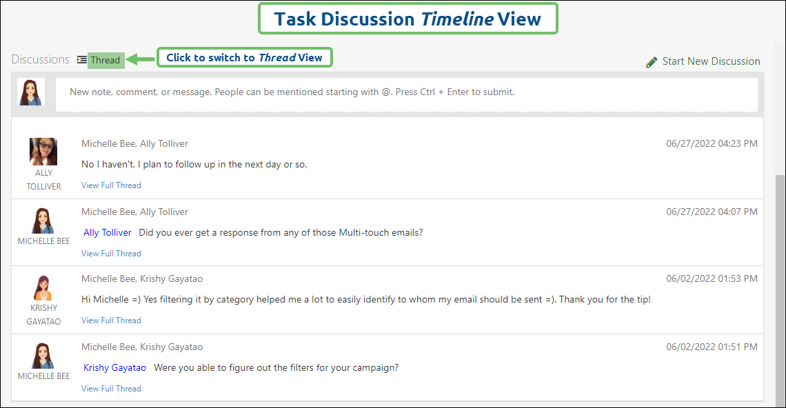 Discussion Timeline View on a Task in Striven