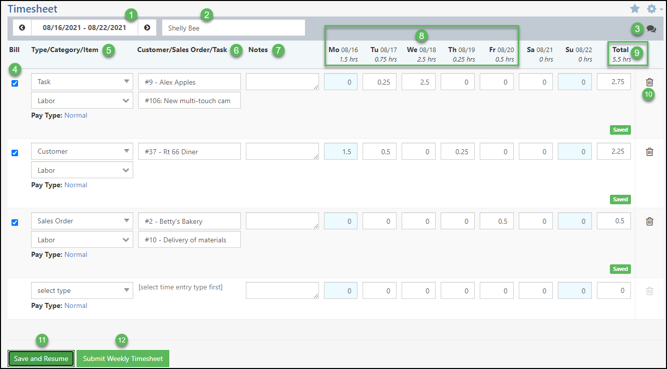Timesheet page with examples of task, customer, & sales order type time entries