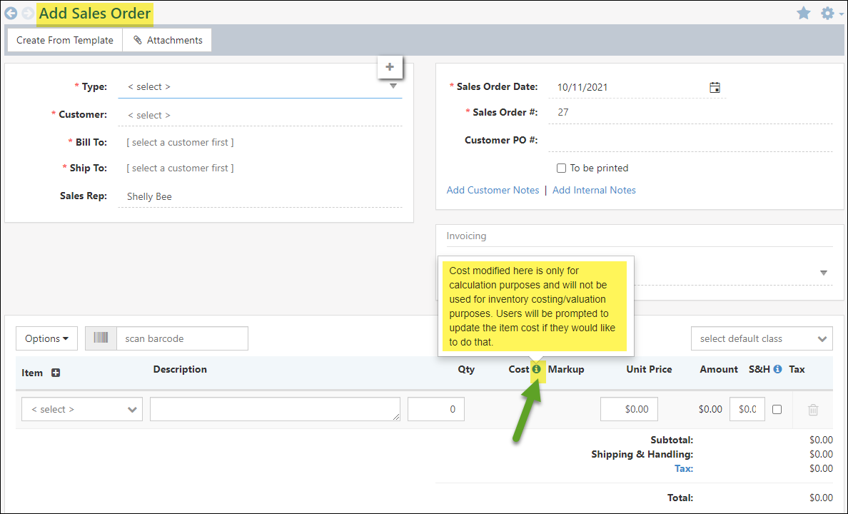 Tool Tip on Cost Column of SO describing the results of changing the cost on the order