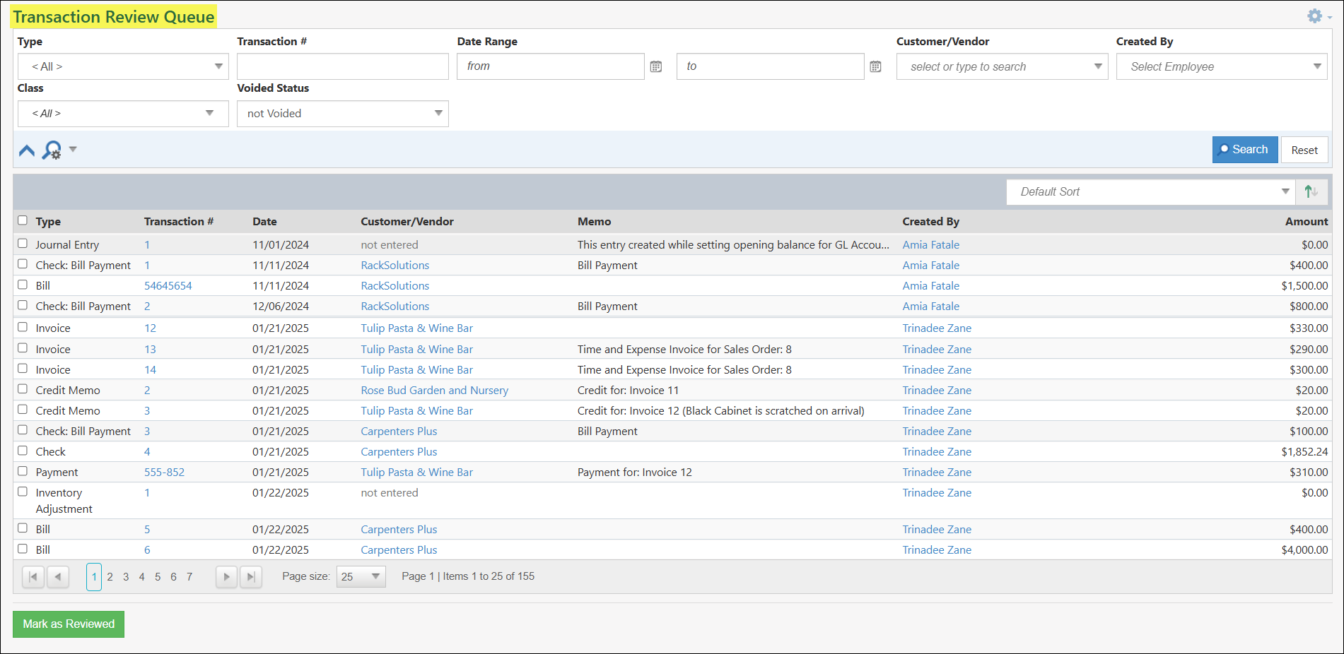 Transaction Review Queue showing search filters and list of Transactions