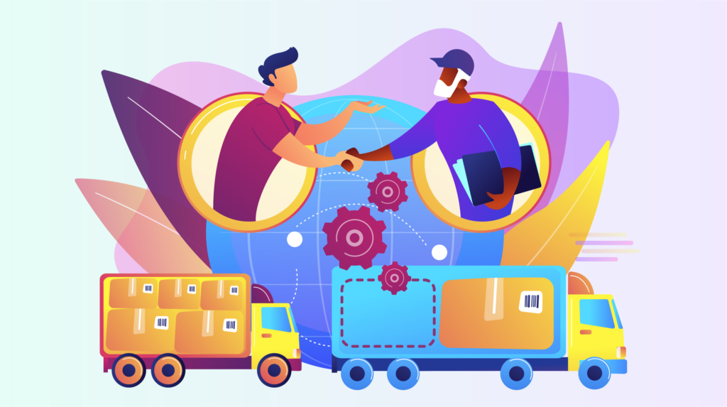 transportation management software system. Two men agreeing over a truckful of barcoded boxes