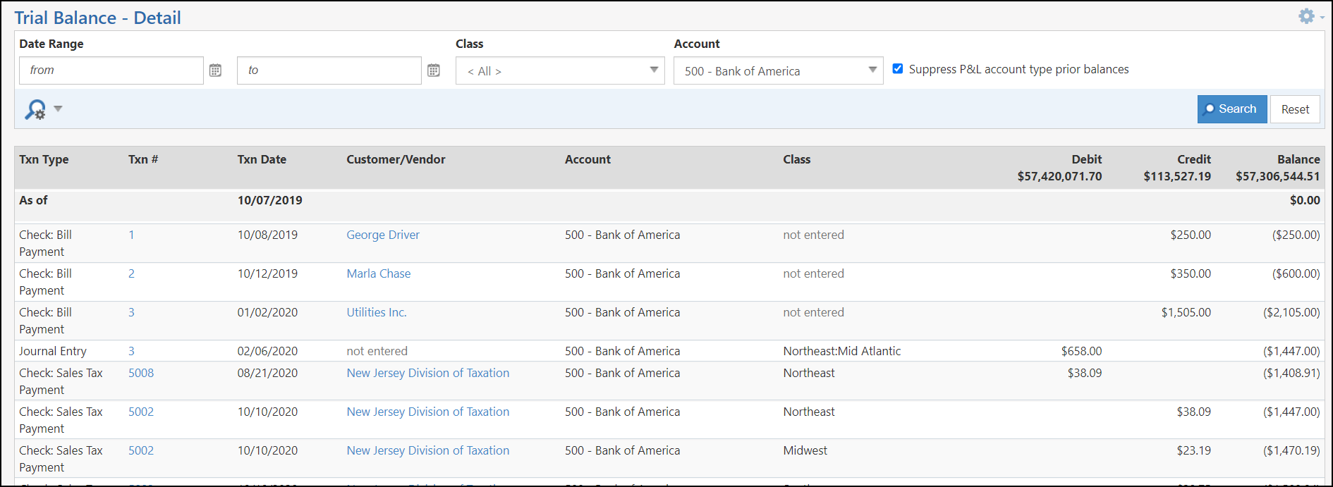Image of the Trial Balance Detail Report