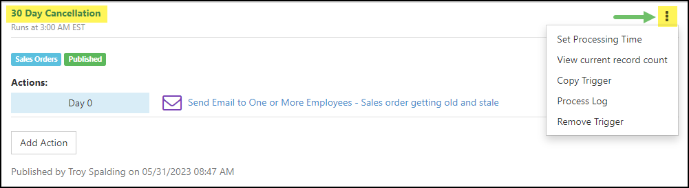 Trigger Kebab Menu options including Set Processing Time, View Current Record Count, Copy Trigger, Process Log, and Remove Trigger