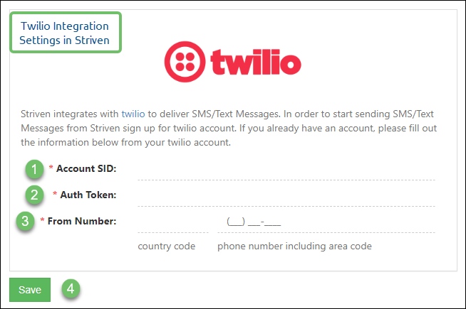 Twilio Integration Settings Options in Striven