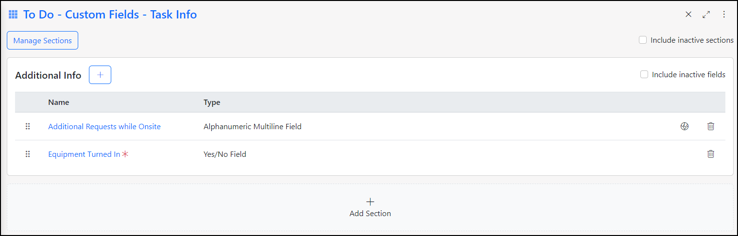 Image of Type Level Custom Fields configured for a task type within Striven