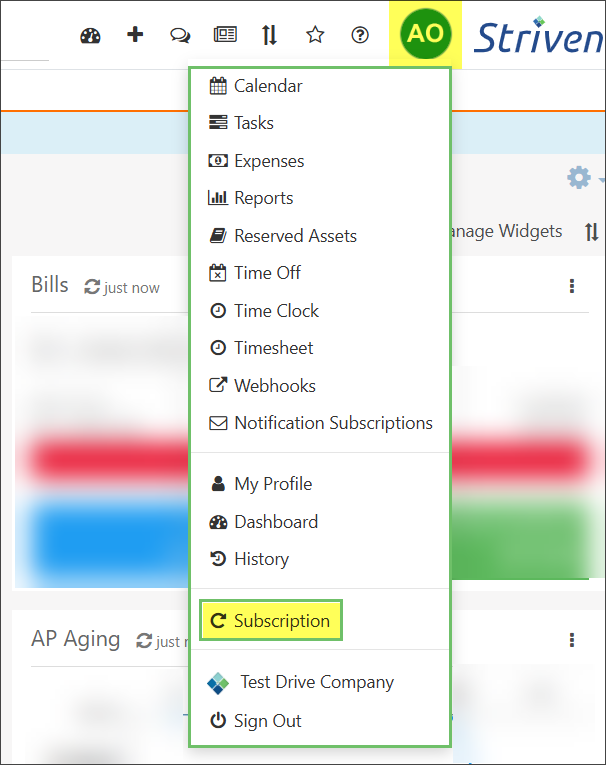 Example of the Subscription option under the Employees Actions Menu