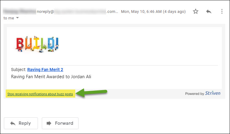 Unsubscribe link in email notification for buzz posts