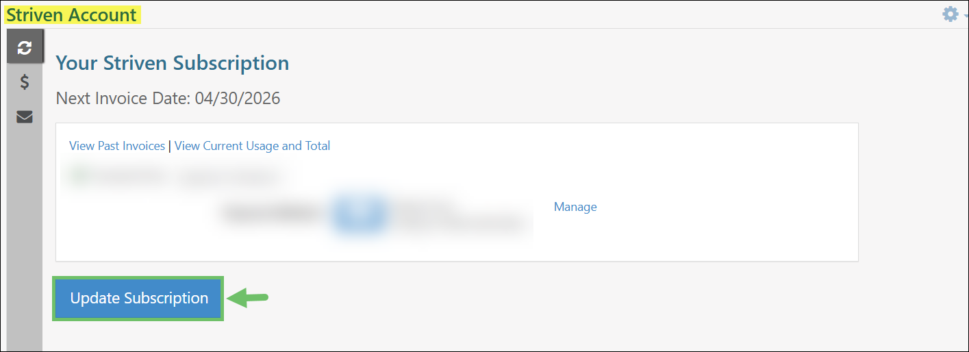 Example of the Update Subscription button on the Striven Account page