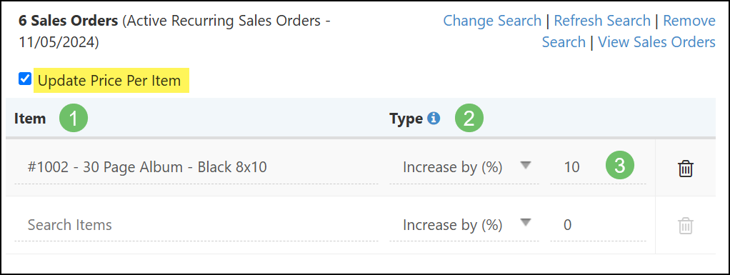 Example of executing a price update for only a specific item