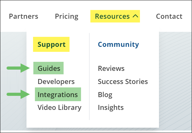 Resources Menu on Striven.com showing Support options for User Guides and Integration Guides