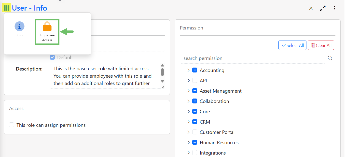 Example of Employee Access option in waffle menu.