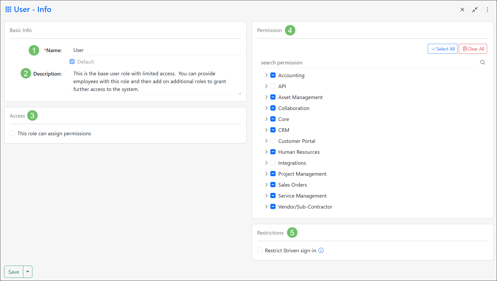 Image detailing the User Role Info page within Striven