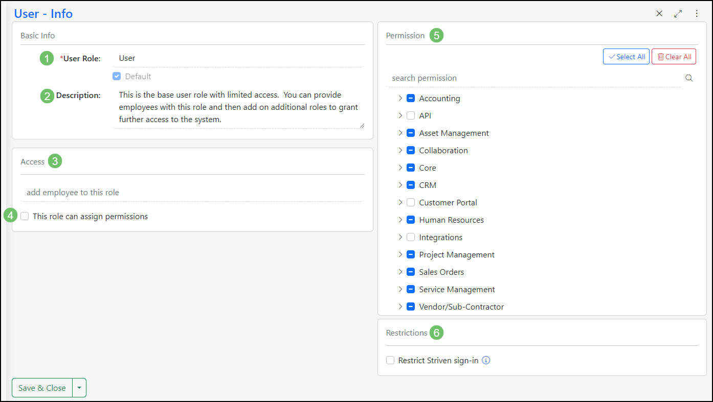 User Role Info Page showing settings for access, restrictions, and permissions