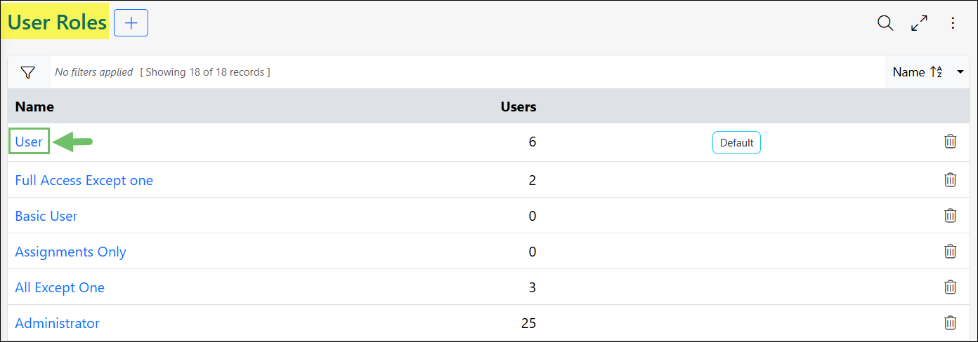 Example of User Roles List Page