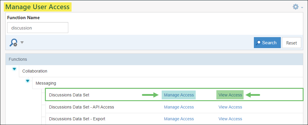 View of the Manage User Access page in Striven showing permissions related to Discussions and the options to Manage Access or View Access