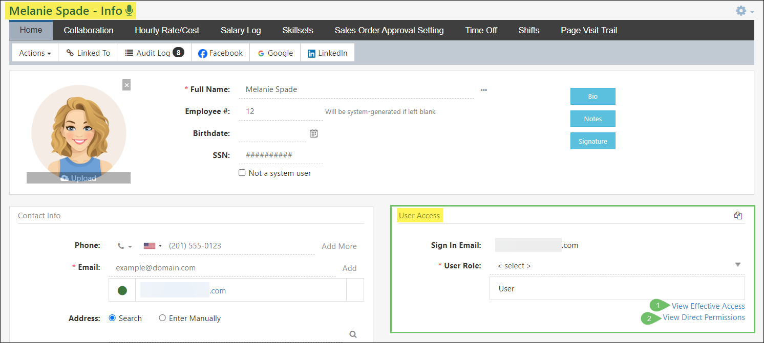 View of an Employee Info page highlighting the options to view effective access or view direct permissions