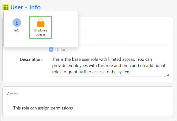 Image displaying the User Role waffle menu and the menu options available