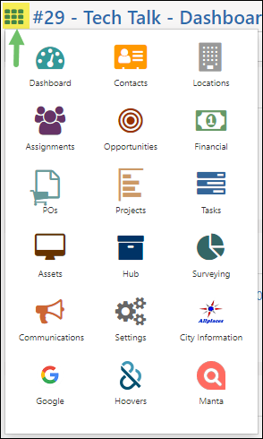 Vendor Waffle Menu including dashboard, contacts, locations, assignments, opportunities, financial, POs, projects, tasks, hub, surveying, communications, settings & integrated links.