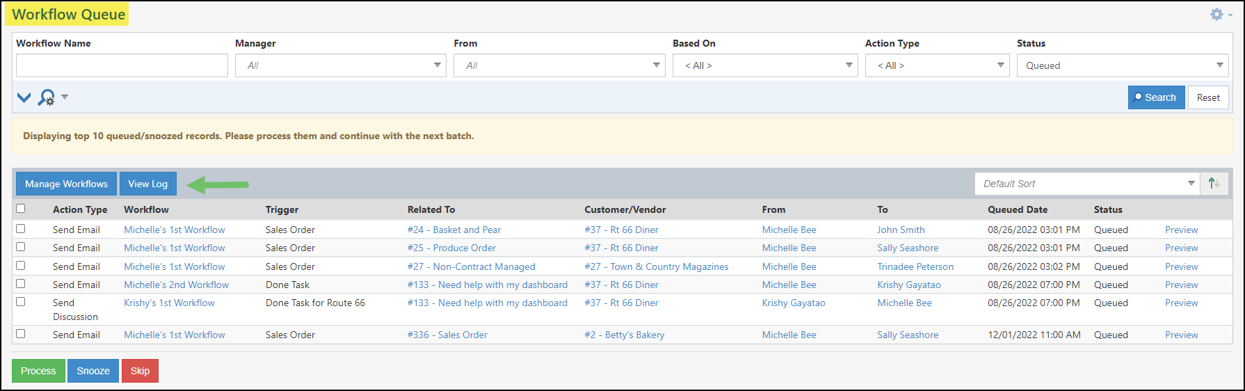 View Log button displayed on the Workflow Queue Page