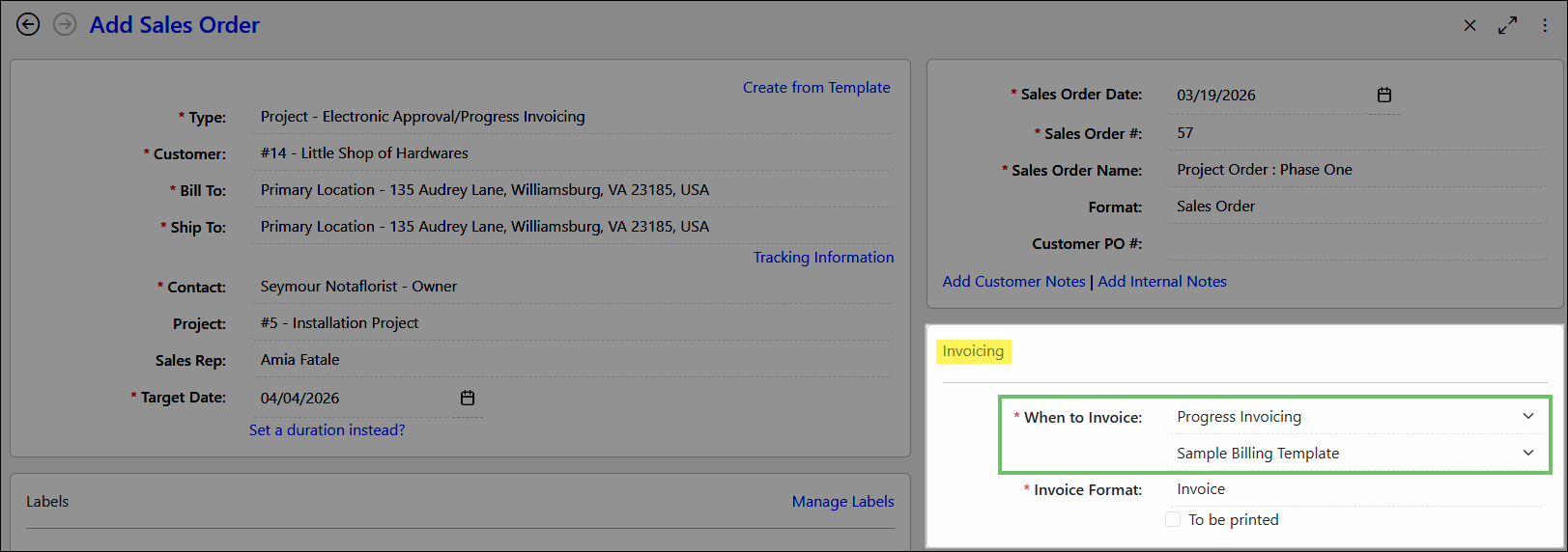 Example of Editing When to Invoice on a Sales Order