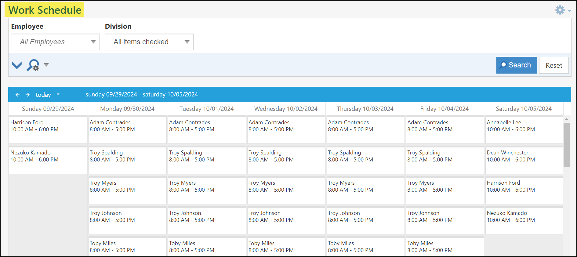 Image of the Work schedule within Striven