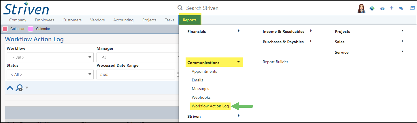 Navigation path in Striven to the Workflow Action Log