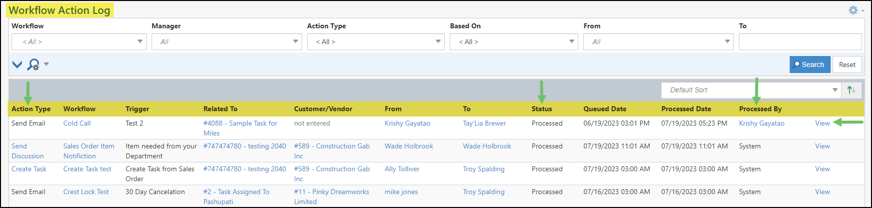 Information displayed on the Workflow Action Log