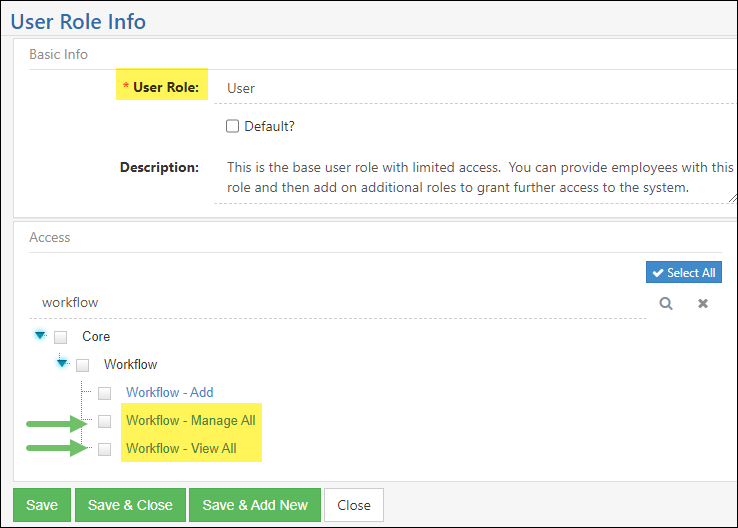 User Role Permission for Workflow Action Log