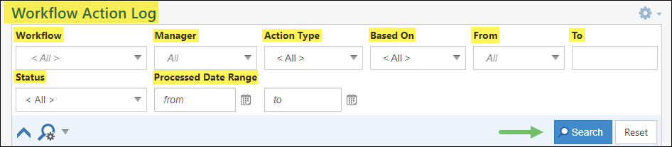 Search filters available on the Workflow Action Log Page