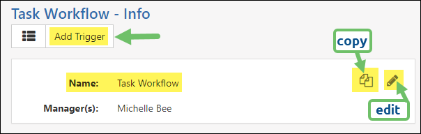 Workflow Info page for Tasks displaying the Copy and Edit options