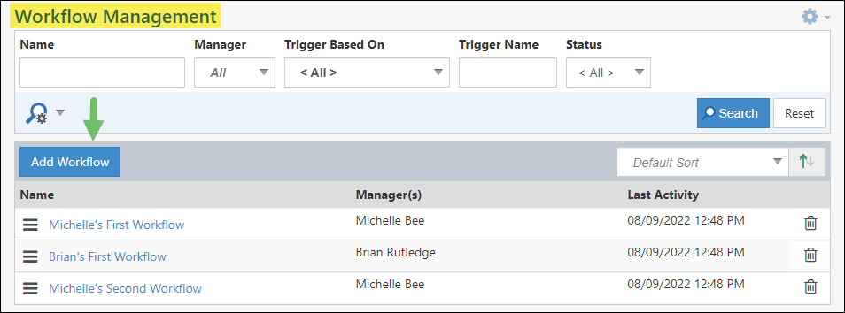 Add Workflow button appears on the Workflow Management Page