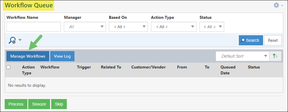 Manage Workflow button appears on the Workflow Queue page