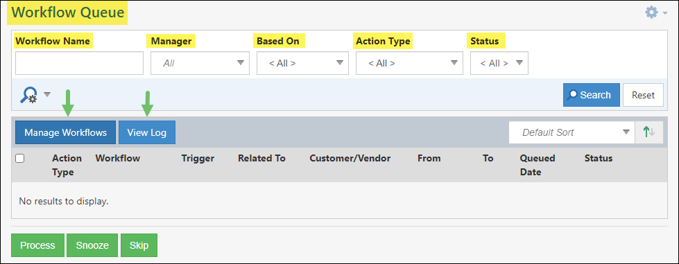 Workflow Queue page with search options for Name, manager, based on, action type and status