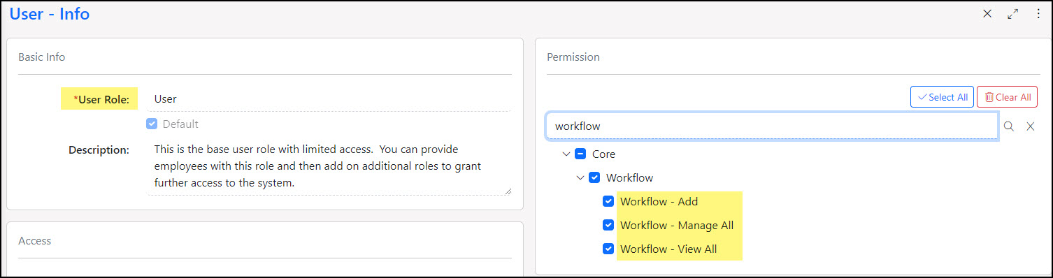 Example of the User Role Permissions required to use and edit Workflows within Striven