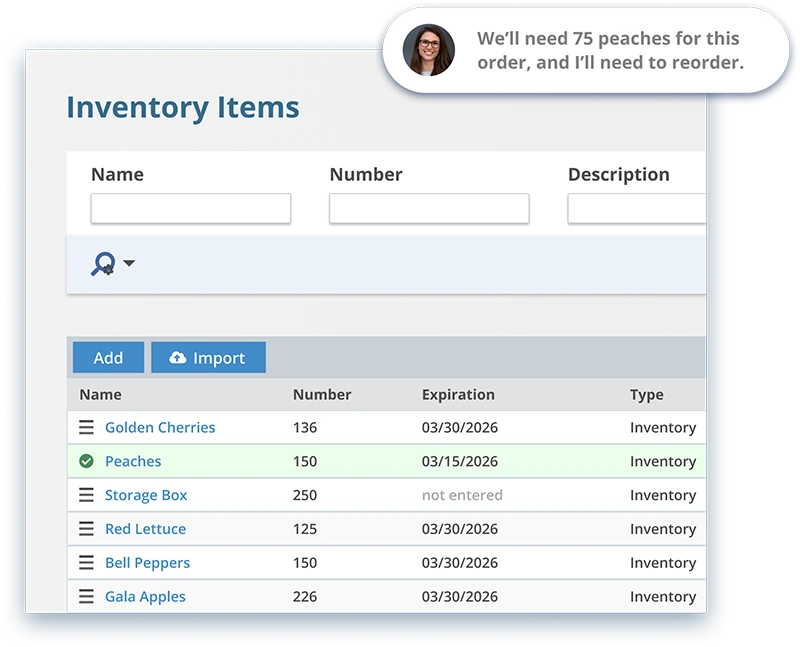 Inventory screen with items in a list and a row with an expiration date highlighted