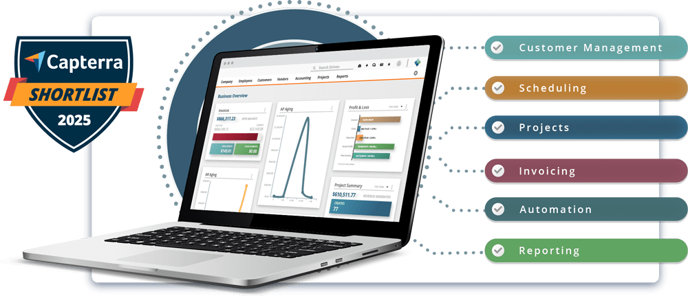 Striven dashboard with Capterra Shortlist 2025 badge, labels describing key business management features