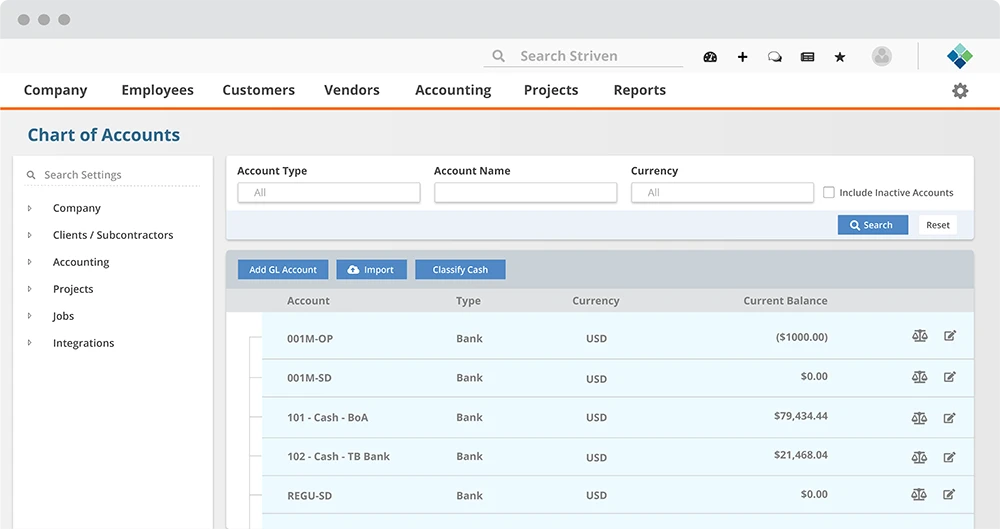 striven chart of accounts