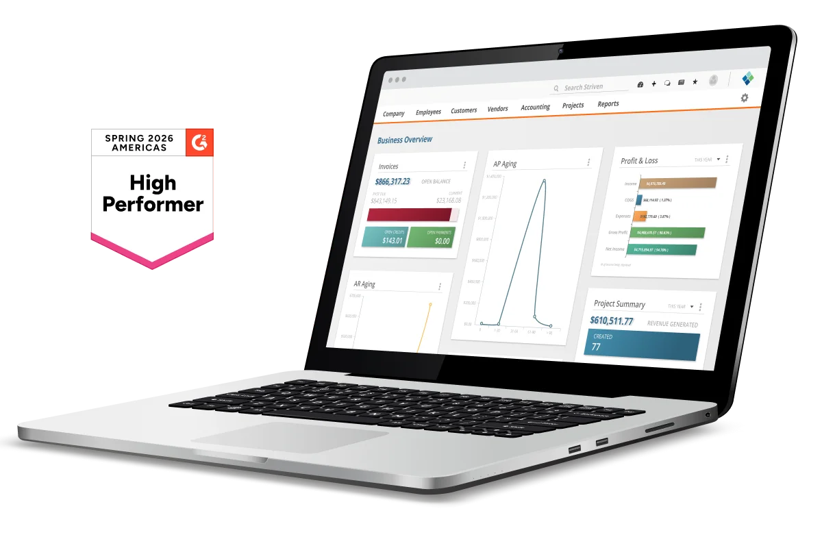 striven business management software dashboard and G2 Spring Americas 2026 High Performer badge
