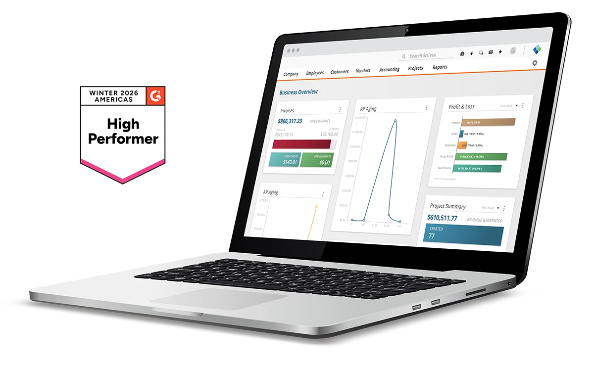 striven business management software dashboard and G2 Winter Americas 2026 High Performer badge