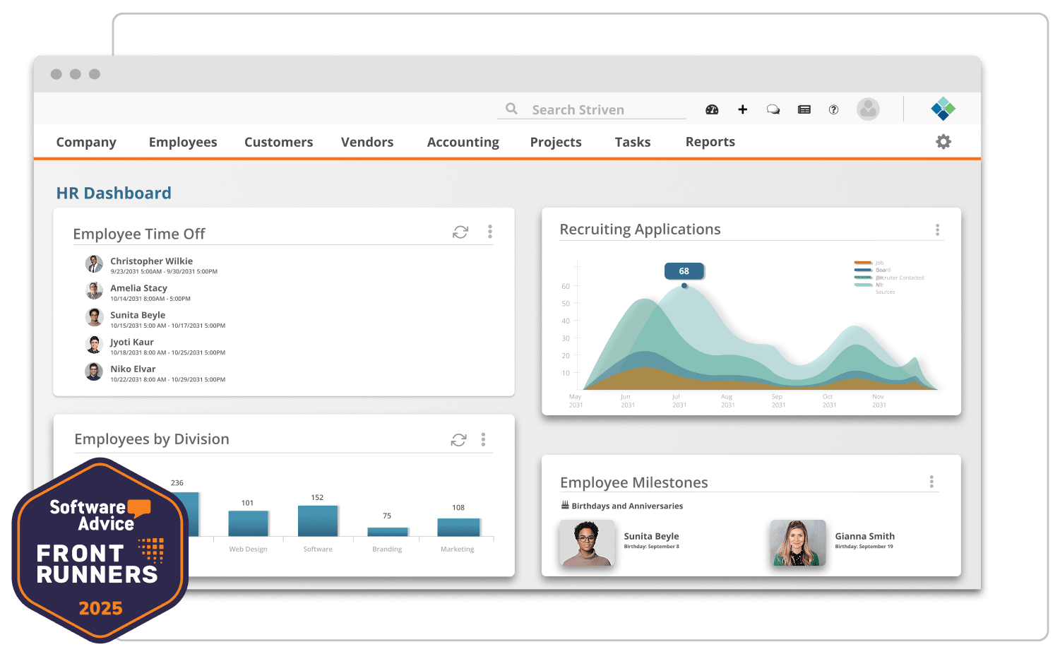 Striven Human Resources dashboard with widgets