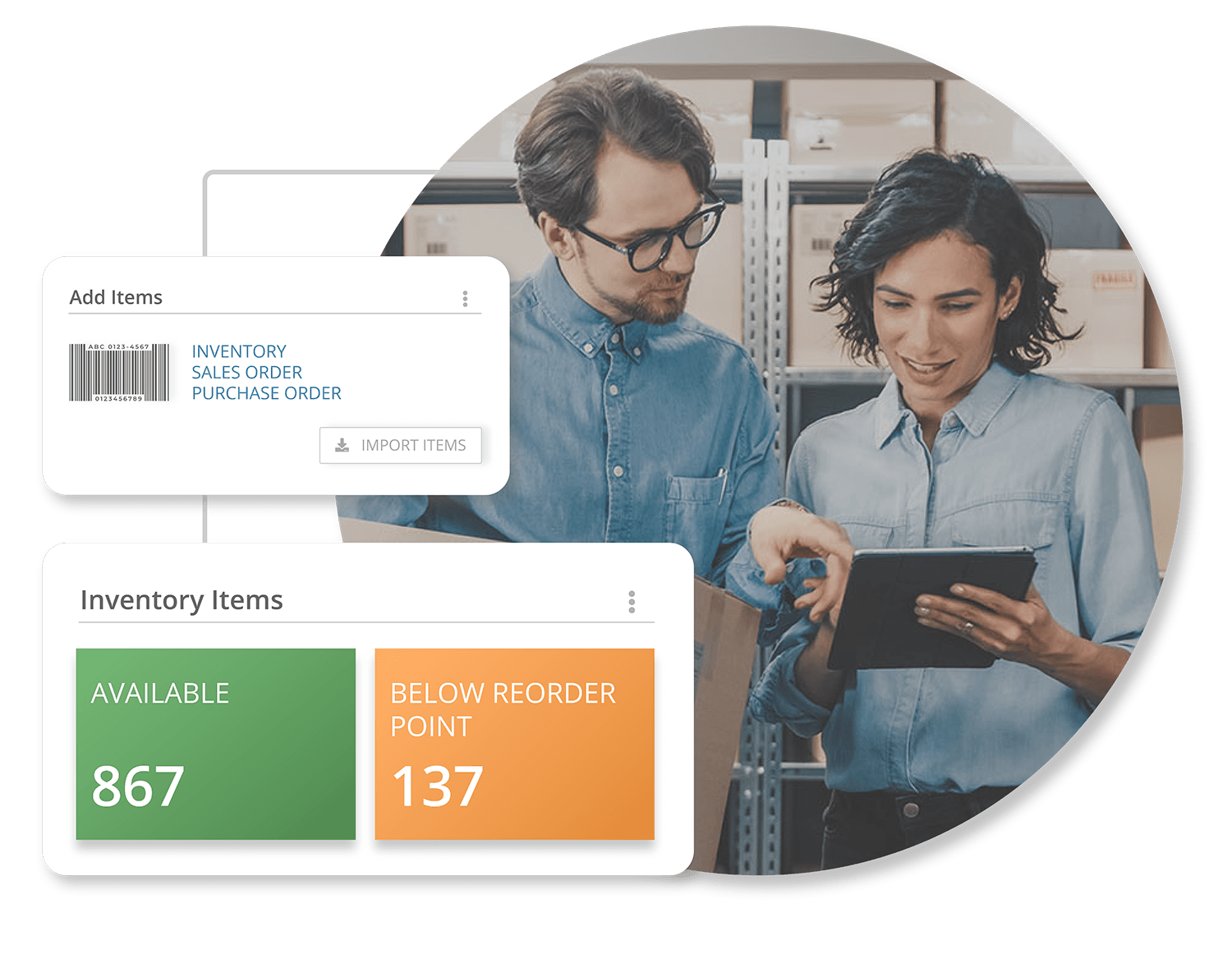 Employees with tablet and Striven widgets highlighting inventory supplies and reorder points