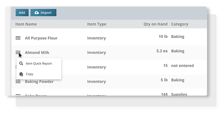 Striven inventory list with quantities on hand and item names