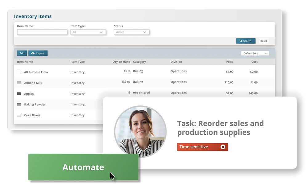 Striven dashboard highlighting inventory supplies and automated task reorder