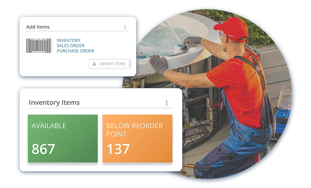 Employee using inventory supplies on site and Striven widgets highlighting inventory supplies and reorder points