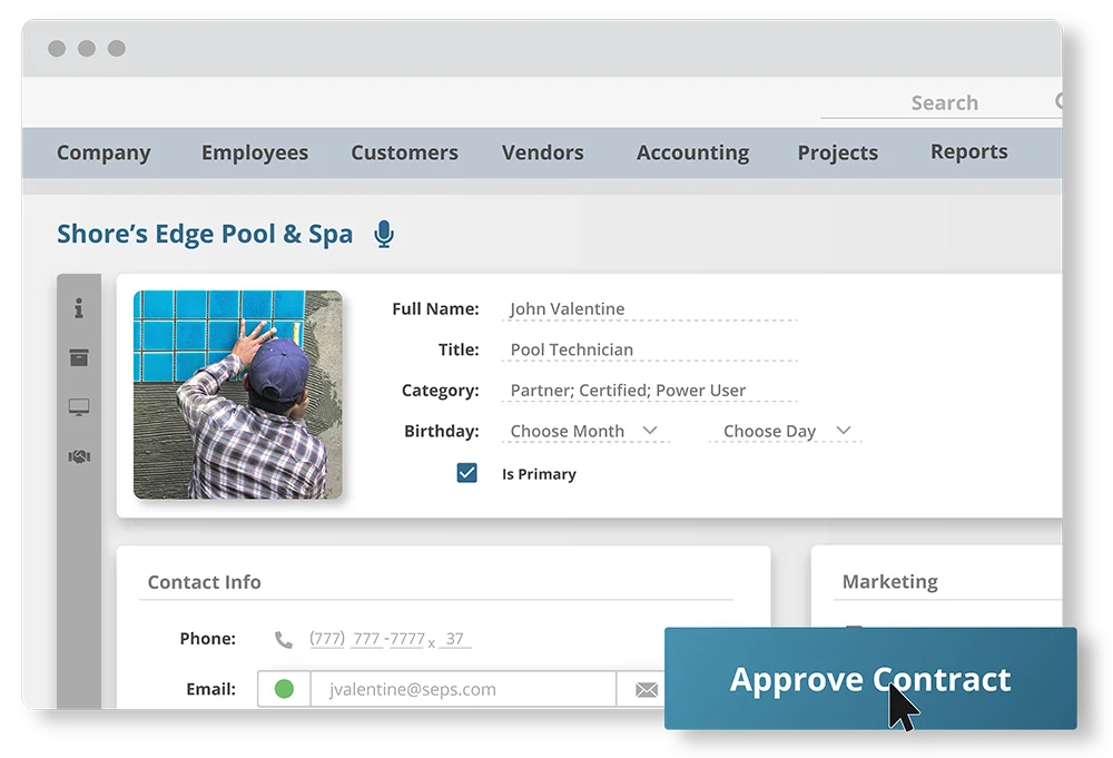 Profile of pool technician and approval of contract in Striven