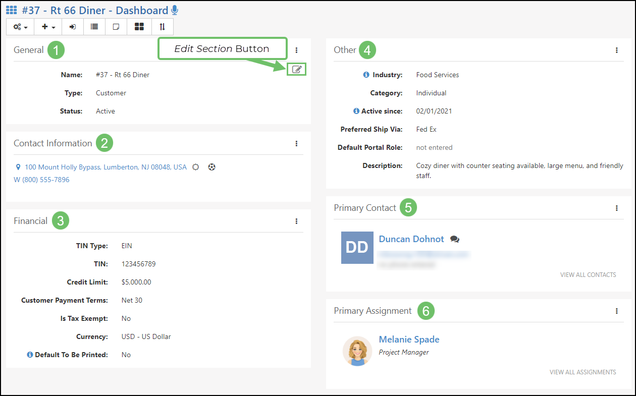 Example of the common widgets displayed on a Customer/Vendor Dashboard
